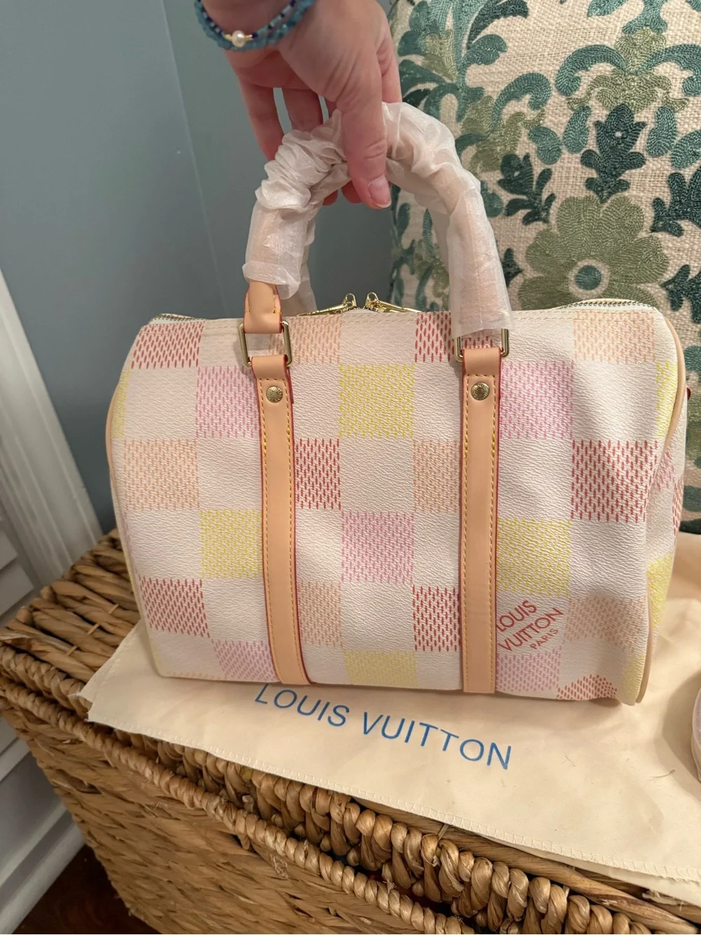 L V Pastel Checkered Speedy 30 in Pink, Cream & Yellow
